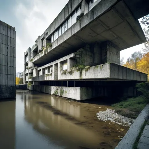 Prompt: a building with a river running through it, brutalist architecture