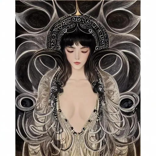 Prompt: Drawing of a {light goddess} with {horns}, {zilver and black tints} and with a cute face, {laying down in the Ocean}, perfect proportions, perfect eyes, composition, hyperrealistic, super detailed, high quality, sharp focus, painting, intricate details, highly detailed, style tsutomu nihei and Gustaf klimt