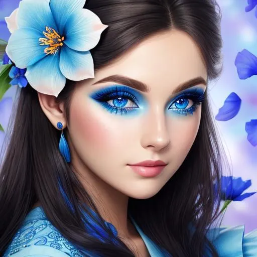 Prompt: A woman all in blue, blue eyes, pretty makeup,blue flower in hair, facial closeup