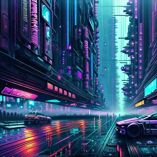 Prompt: ((best quality)), ((masterpiece)), intricately detailed, cyberpunk, futuristic city, night city, neon, 1girl, rain 