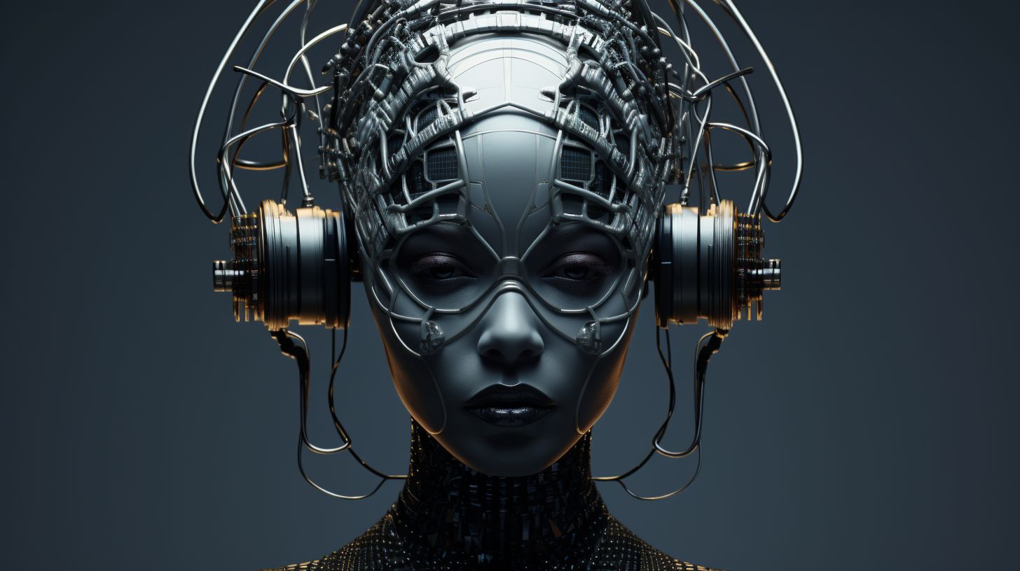 Prompt:  image of woman with wires on her head, in the style of cybernetic sci-fi, dark silver and dark black, afrofuturism, intricate costumes, algorithmic artistry, 8k resolution, exaggerated facial features