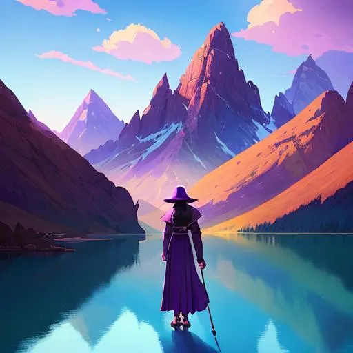 Prompt: there is a woman sorceress with a large purple pouch on back looking at a mountain, atey ghailan 8k, ross tran. scenic background, artgerm and atey ghailan, concept art | rhads, looking at the mountains, andreas rocha style, ilya kuvshinov landscape, by sylvain sarrailh, inspired by Atey Ghailan, traveling through green mountains