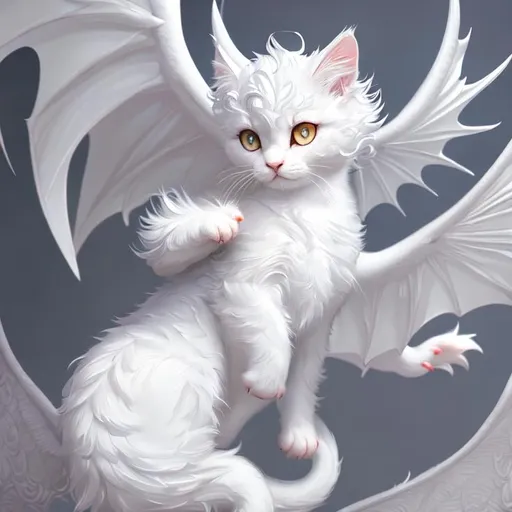 Prompt: white dragon kitten made of echoes + wings + creative + whimsical + flying, gothic + smooth + super detailed +  highly detailed, digital painting, Trending on artstation , HD quality,artgerm, by Ilya Kuvshinov 