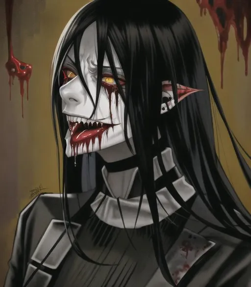 Prompt: attractive, choking, man, boy, masculine, creepy, bloody, red, long black hair, portrait, scared, goth, gory, realistic, anime, , little smiling, long black tongue, blood tears, horror, anime, flirting, net, yellow eyes