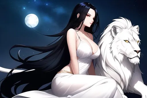 Prompt: portrait of a gorgeous  Evil and  grim-looking  woman  ,black hair ,  lustful  eyes, wearing white slip  ,  sitting on a high hill with a Beautiful  White lion , at night . The wind is blowing her hair and clothes, creating a sense of movement and drama, Pretty girl, perfect anatomy, centered, highly detailed, character sheet, artstation, concept art, smooth, sharp focus, illustration,intricate, elegant, 8K,  unreal engine 