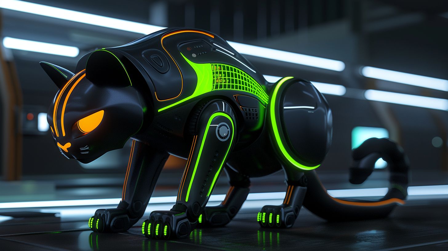 Prompt: Vibrant anime cat-themed robot, in an asymmetrical grid, diverse blocky and fluid shapes, animated GIFs, dark silver with orange and neon green accents, heavy catcore influence with a tail and feline movements, dynamic cartoon mise-en-scène, 2D.