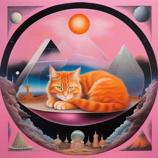 Prompt: an orange house cat sleeping in a magic circle, terrarium, vivarium, Orgonite pyramids, Mushroom Cloud, a pink backdrop, by H. R. Giger, by Dr. Seuss, 