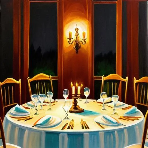 A painting of a table set for a candlelit dinner at... OpenArt