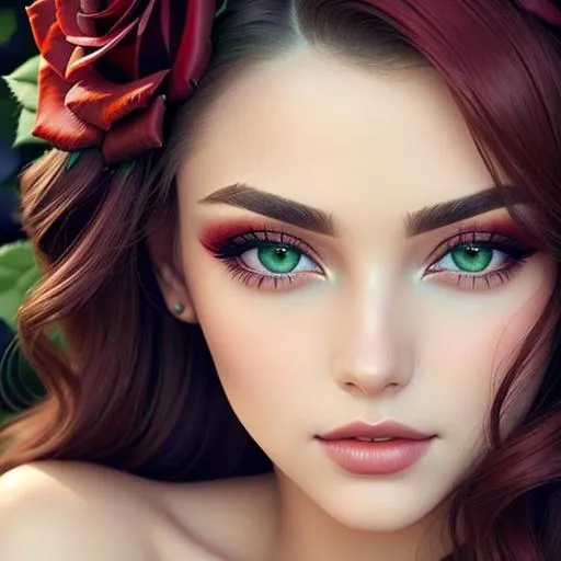 Prompt: Beauty, Beautiful and Gorgeous red roses in hair, green eyes,pretty makeup, facial closeup