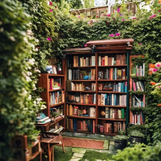 Prompt: miniature city library hidden in the garden