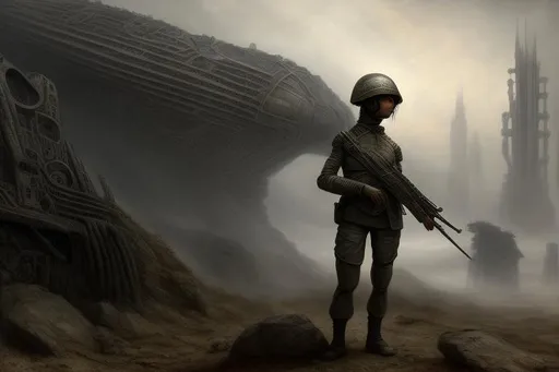 Prompt: A Young girl soldier, in ([giger-beksinsky] style) and Rembrandt painting ART, on eerie planeta landscape, best quality, high resolution