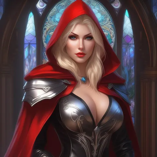 Prompt: Beautiful fantasy busty seducer, goth, (crop top:1.5), barely black leather fantasy armor clothed, blonde hair, pale skin, hooded red cloak, full body, highly detailed, digital painting, artstation, hyperrealistic, sharp focus, illustration, art by artgerm and greg rutkowski and alphonse mucha, 8k, pretty eyes, award-winning cgi, blender, headshot