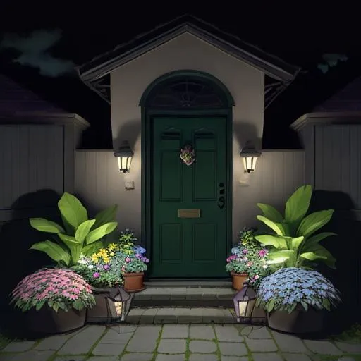 Prompt: night-time: 2.0, garden, multicolored flowers, flower pots, pots, planter boxes, entryway, dark sky, dark clouds, 
very soft █►green◄█ theme, dark shadows, dark walls, dim lights, (some cyan small things:0.8), 
♦♦ doorstep, letterbox, front porch, porch, foyer, stool, garden bench, butterflies, bees, flowers, watering can, garden tools, hair flower, hair ribbon, pail, 

■■ {{{{best quality, 8k resolution photography, artistic photography, photorealistic, masterpiece}}}}, 