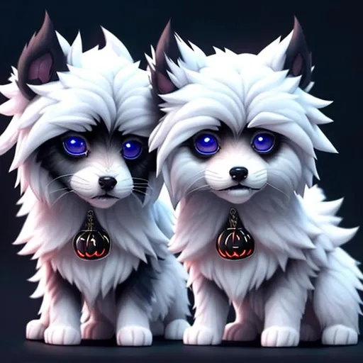 Prompt: two small chibi fluffy puppies wearing cool costumes, one puppy is all black and the other puppy is all white, on a blood moon Halloween night, autumn forest colours, sparkling eyes, embers in eyes, shining eyes, sharp features, fireflies, highly detailed, digital painting, trending on artstation, concept art, smooth, sharp focus, beautiful fur, expressive eyes, illustration, art by Artgerm and greg rutkowski and alphonse mucha