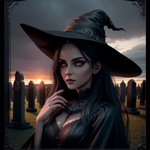 Prompt: 3D, HD, Dreamy, Horror, twisted, scary, ominous, cinematic, Beautiful!! {female}Witch, detailed gorgeous face, Beautiful big {heart-shaped}reflective eyes, expansive cemetery background, sunset, ultra detailed full body artistic photography, detailed Gorgeous detailed face, shadows, oil on canvas, brush strokes, ultra sharp focus, ominous, matte painting movie poster, golden ratio, epic, intricate, cinematic character render, hyper realistic, 64K --s98500