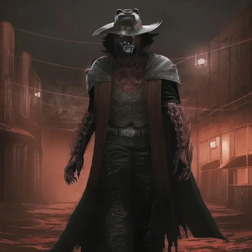 Prompt: Cyber Cowboy with 4 Arms, fiery red Poncho, Dressed in black duster and Stetson Cowboy Hat, with Red eyes, Haunting Presence, Intricately Detailed, Hyperdetailed, Desert Wild West Landscape, Dusty Midnight Lighting, Wild West Feel