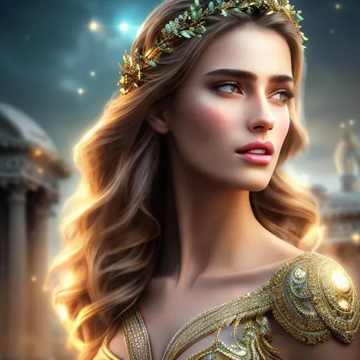 Prompt: HD 4k 3D 8k professional modeling photo hyper realistic beautiful young slender woman ethereal greek goddess of justice
dirty blonde hair brown eyes gorgeous face brown skin shimmering dress jewelry laurel wreath headpiece  full body surrounded by magical glowing light hd landscape background enchanting sky and heavens scales of justice