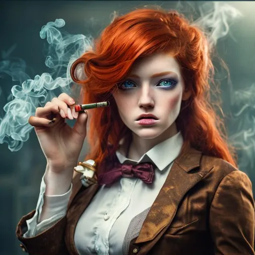 Prompt: Hyper realistic Steampunk woman with red hair dressed in a suit with a cigarette wide lense