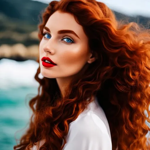 Prompt: 3rd person view of a woman, wavy red  hair, blue eyes, red lips