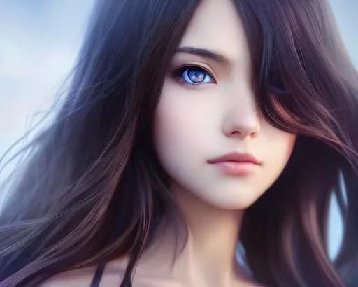Prompt: full body 64K {young woman}, smooth soft skin,  dreamy eyes, beautiful intricate dark brown hair, symmetrical, blue eyes, soft lighting, detailed face, by makoto shinkai, stanley artgerm lau, wlop, rossdraws, concept art, digital painting, looking into camera, hyper realistic, teenager, young woman, detailed eyes