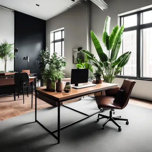 Prompt: Dark modern office with green plant and brown leather couch, black chairs and two windows. 