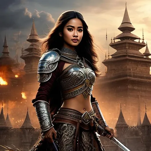 Prompt: full body, pretty young Indonesian woman, 25 year old, (round face, high cheekbones, almond-shaped brown eyes, small delicate nose), intricate medieval armor, concept art by Basuki Abdullah, cgsociety, sumatraism, backdrop castle under siege, movie still, reimagined by industrial light and magic, movie poster, masterpiece, intricate detail