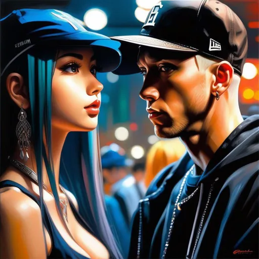 Prompt: Eminem meets anime girls, anime style, extremely detailed painting by Greg Rutkowski and by Henry Justice Ford and by Steve Henderson 