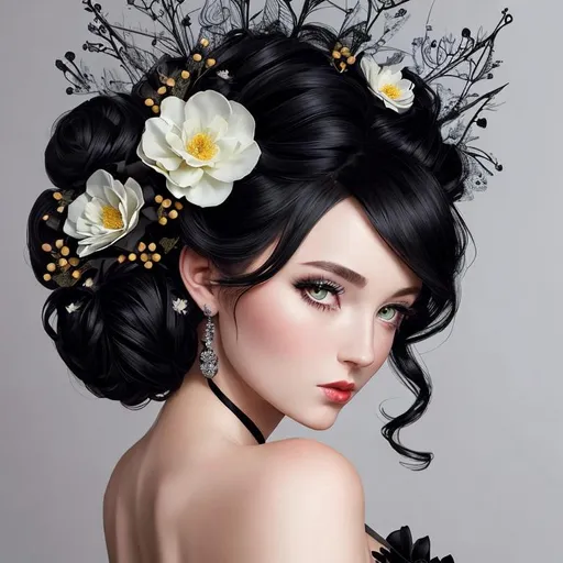 Prompt: Beautiful woman portrait wearing a black evening gown, black hair, dark eyes, elaborate updo hairstyle adorned with flowers, facial closeup