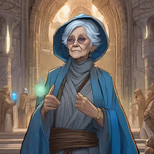 Prompt: An old Lady with blue skin. She wears jedi robes, in background an ancient light side jedi temple. Rpg art. Star wars art. 2d art. 2d. Well draw face. Detailed. 