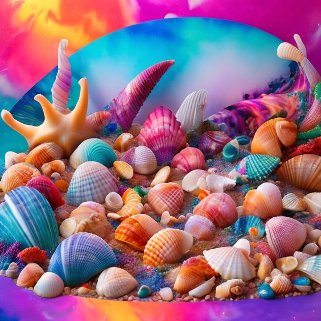 Seashell collection diorama in the style of Lisa frank