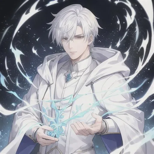 Prompt: anime style, pale skin, handsome man with white hair, wearing a white and gold robe with hood, ice, cold face, very detailed body and hands, best quality, detail eyes