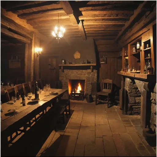 Prompt: a 14th century tavern interior, dark and mysterious, lit only by a small fireplace