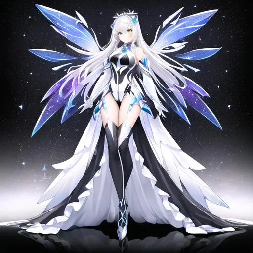 Prompt: 1080p royal alien resolution stunning black and white base armor with colorful negative rainbow galaxy wings,  full body wide hips bubble mechanical armor futuristic , angular chest, powerful, both hands  elegant  sleek and beautiful powerful ,arms long slender legs. dynamic Advanced 
background galaxy rainbow trailing 