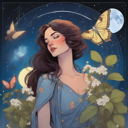 Prompt: A beautiful and colourful picture of Persephone with brunette hair and with an American Moon Moth, forget-me-not flowers, a chickadee bird, and strawberry plants surrounding her, framed by the moon and constellations in a marvel comics style