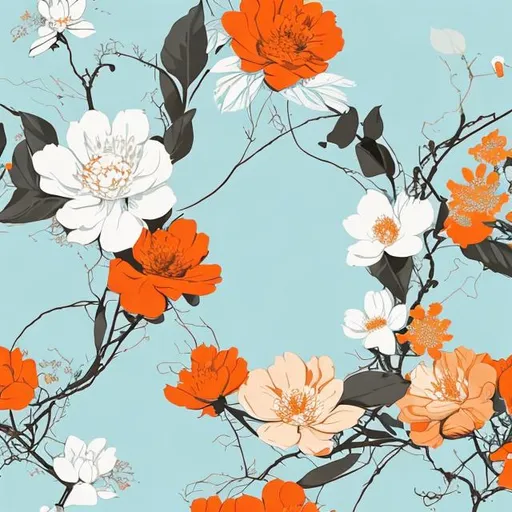 Prompt: create me a seamless floral design using the ratio 1.618 in the design. The raito is an important design aspect to get the best aesthetic. Produce an AI art piece in a japanese, minimalistic style, emphasizing clean lines, negative space, and a bright color palette of light blue ,bright orange, and  white." - Make colors brighter and more vibrant.= Make the flowers more realistic.


