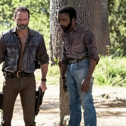 Prompt: Rick Grimes standing next to Lee Everett