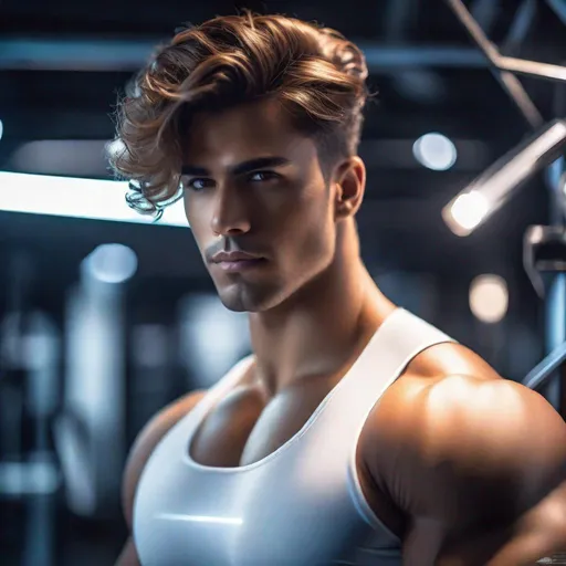 Prompt: Professional photoshoot of realistic, Attractive, masculine, cute, cyborg, great hair, tight shirt, confident posture, professional ambiance, high quality, realistic, detailed facial features, cool tones, lighting, professional, realistic,  masculine, muscular, cool tones, professional ambiance, big glutes, romantic, intricate detail, best quality, uhd, 8k, center frame, professional lighting, detailed facial features,  center frame, light,
