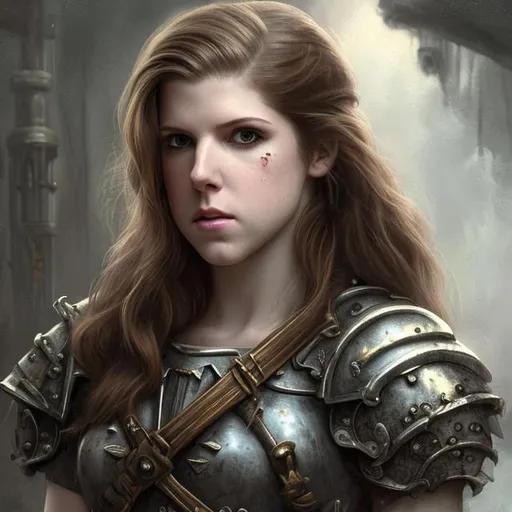 Prompt: anna kendrick, beautiful, detailed face, eye patch, missing eye, standing, 1800's portrait painting, muscular, bodybuilder, tall, stocky, knight, scifi armor, plate armor, sardukaur, white and gold