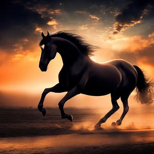 Prompt: Graceful Strength - Witness the mesmerizing beauty of a majestic ((black horse)) skies. Lighting: Golden hour radiance blending with the blue hues. Mood: Regal and serene.