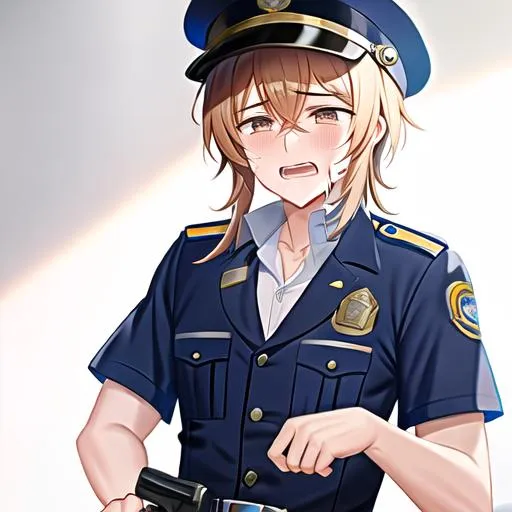 Prompt: Caleb as a police officer crying tears falling






