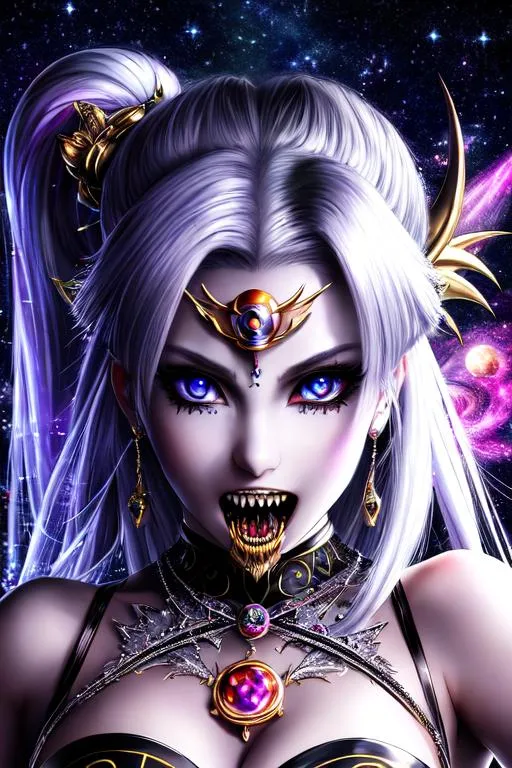 Prompt: hyperrealistic, corrupted Eternal Sailor Moon, vampire, sharp teeth, intricate leotard, silver trimming, beautiful detailed eyes glowing with unparalleled power, confident expression, absolutely astonishing, razor sharp focus, cosmic, mesmerizing, motion blur, masterpiece, UHD, 16k, HDR, ((((best quality)))), ((((extreme details))))