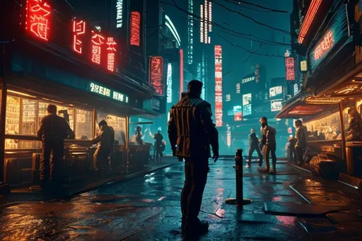 Prompt: a cyberpunk scene, a man hunched over bar in the foreground. Window behind him showing a dark, rainy, nighttime cyberpunk street