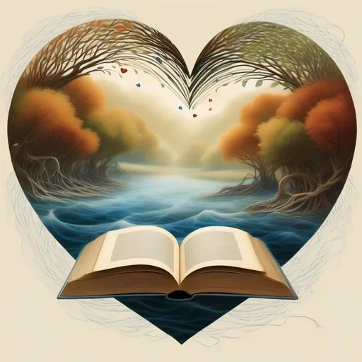 Prompt: At the center of this scene, a heart pulsates, and from it, pages of a book emerge, symbolizing the chapters of life written with each heartbeat. The gentle ebb and flow of nature's elements—the wind, water, and seasons—guide these threads, evoking the comforting rhythm of a steadfast rhyme.