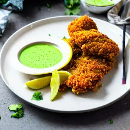 Prompt: Boneless Fried Batter Chicken with green curry sauce on a white plate 