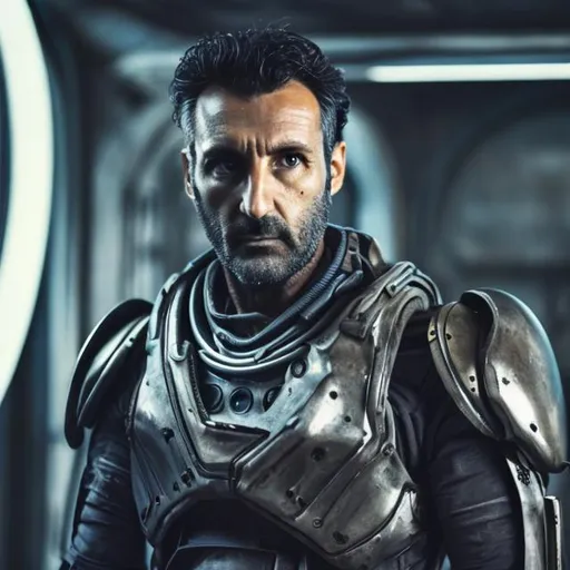 Prompt: sci fi pilot dark 
caucasian italian male 40 years old metal right arm
