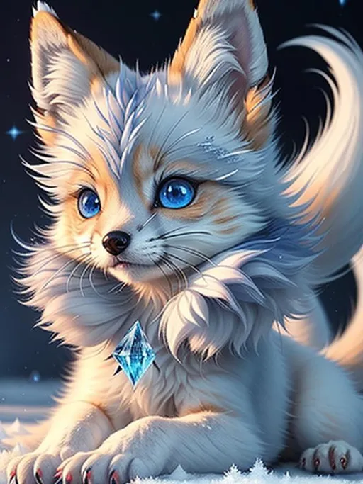 Prompt: (masterpiece, professional oil painting, epic digital art, best quality:1.5), insanely beautiful tiny ((fox kit)), (canine quadruped), ice elemental, silky silver-blue fur covered in frost, timid, ((insanely detailed alert crystal blue eyes, sharp focus eyes)), gorgeous 8k eyes, fluffy silver neck ruff covered in frost, two tails, (plump), fluffy chest, enchanted, magical, finely detailed fur, hyper detailed fur, (soft silky insanely detailed fur), presenting magical jewel, moonlight beaming through clouds, lying in frosted meadow, grassy field covered in frost, cool colors, professional, symmetric, golden ratio, unreal engine, depth, volumetric lighting, rich oil medium, (brilliant auroras), (ice storm), full body focus, beautifully detailed background, cinematic, 64K, UHD, intricate detail, high quality, high detail, masterpiece, intricate facial detail, high quality, detailed face, intricate quality, intricate eye detail, highly detailed, high resolution scan, intricate detailed, highly detailed face, very detailed, high resolution