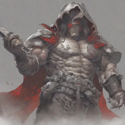 Prompt: Tall, Intimidating, Large, male, Solomon Grundy/goliath D&D build, black hair,  very dark grey scarred skin, covered in bandages, dark tattered cloth armor exposes his midriff, hood of magical darkness that completely shrouds his face with a mask of darkness, large red gem between pecs in chest, Path of the Zealot Barbarian, Strong, wielding large two-handed great-axe, Fantasy setting, D&D, Dead clerics around him, undead, zombie