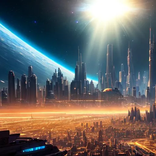 Prompt: 8k portrait a galactic city in space, photorealistic, god rays with A old human wizard moving objects in the future city, artstation, deviantart, unreal engine 5, intricate details