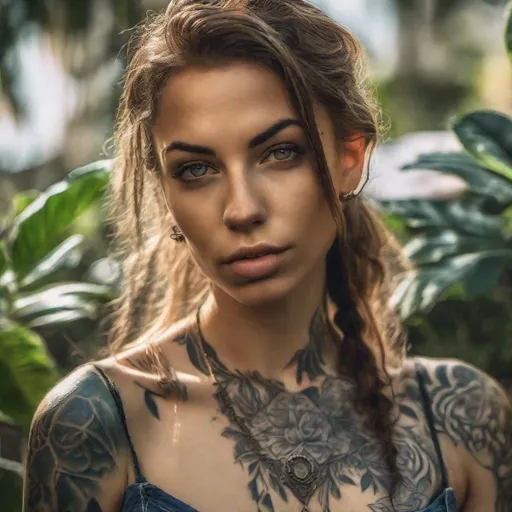 Prompt: a beautiful 25 yo woman, Summer clothes, tattooed, plants background, 8k, HDR, best quality, ultra-detailed, Intricate details, details lips, details hair, looking at viewer, shadow, Light reflection on the skin, wet skin, Masterpiece, skinny, natural lighting realistic,