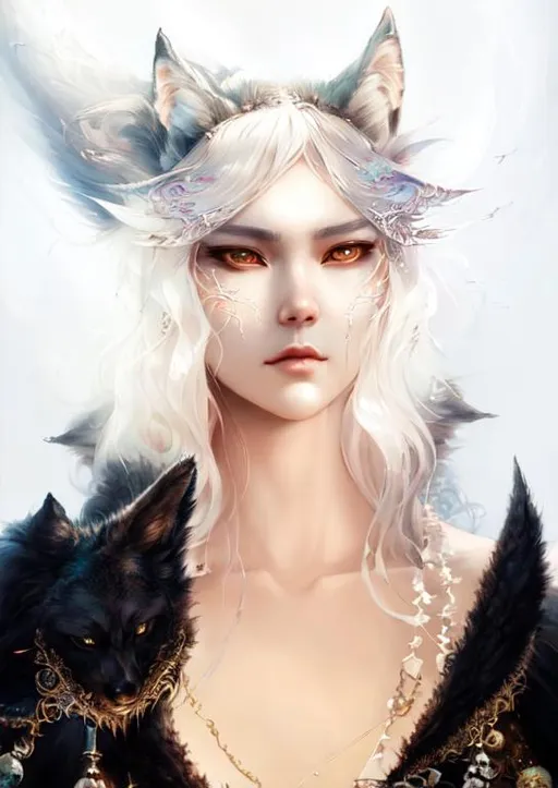 Prompt: She-wolf. intricate details. art by artgerm, James Jean, huang guangjian, David Palumbo, Daniel Merriam, Anna dittmann. beautifully lit, best quality. Oil painting, iridescent color.